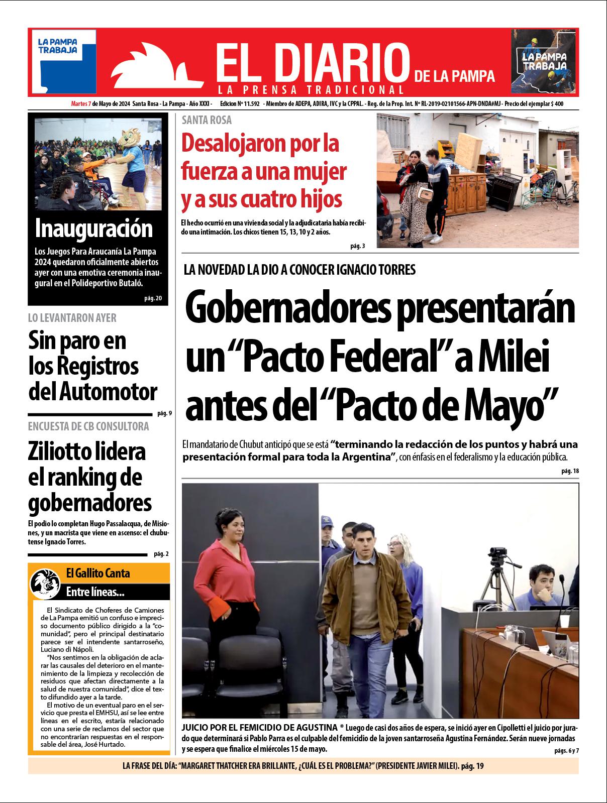 Tapa de El Diario en papel  martes 07 de mayo de 2024